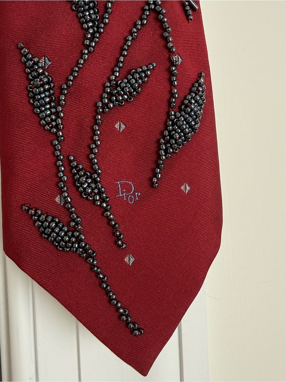 Dior Burgundy Hand Beaded Silk Blend Tie - Picture 7 of 9